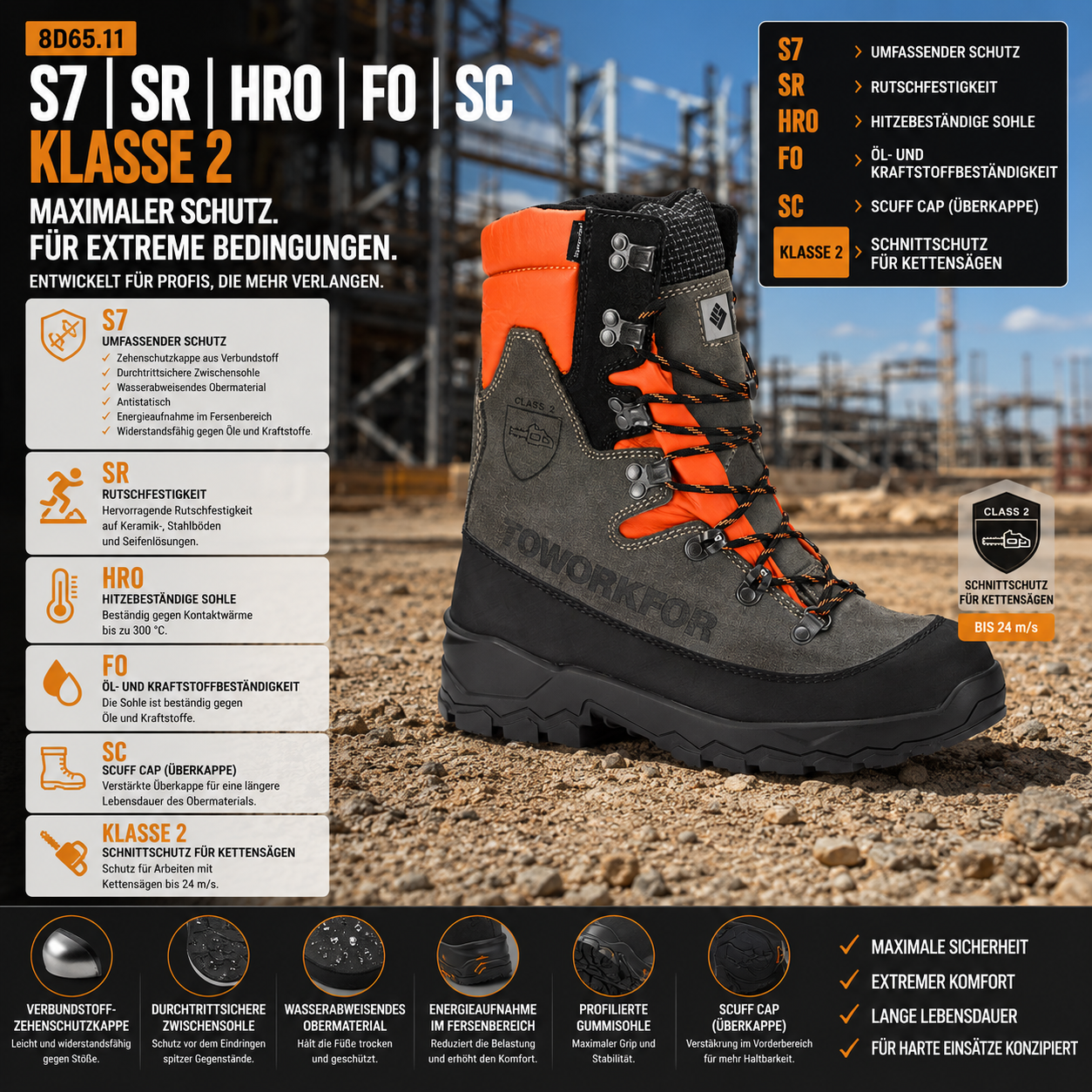 8D65.11 - Sicherheitsschuhe LUMBERJACK S7/SR/HRO/FO/SC/CLASS2 Grau