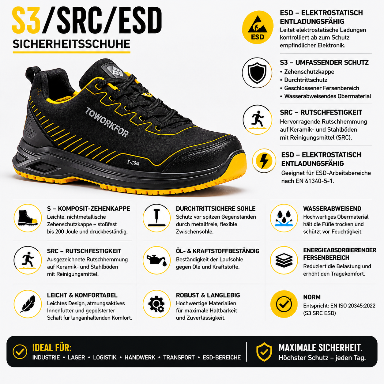 6A20.60 - Chaussures de sécurité X-102 S3/SRC/ESD Noir/Jaune