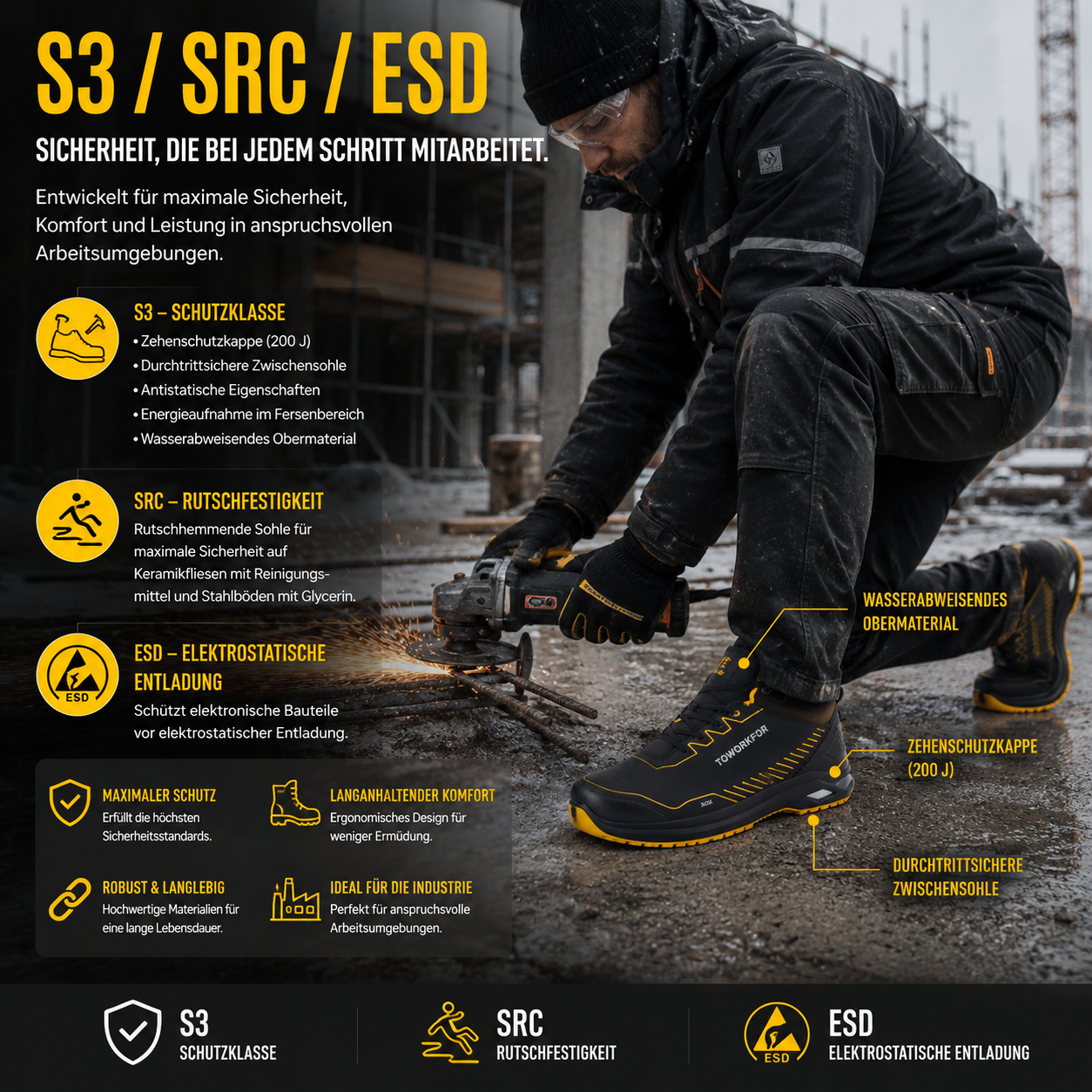 6B25.70 - Sicherheitsschuhe X-505 S3/SRC/ESD Schwarz/Gelb