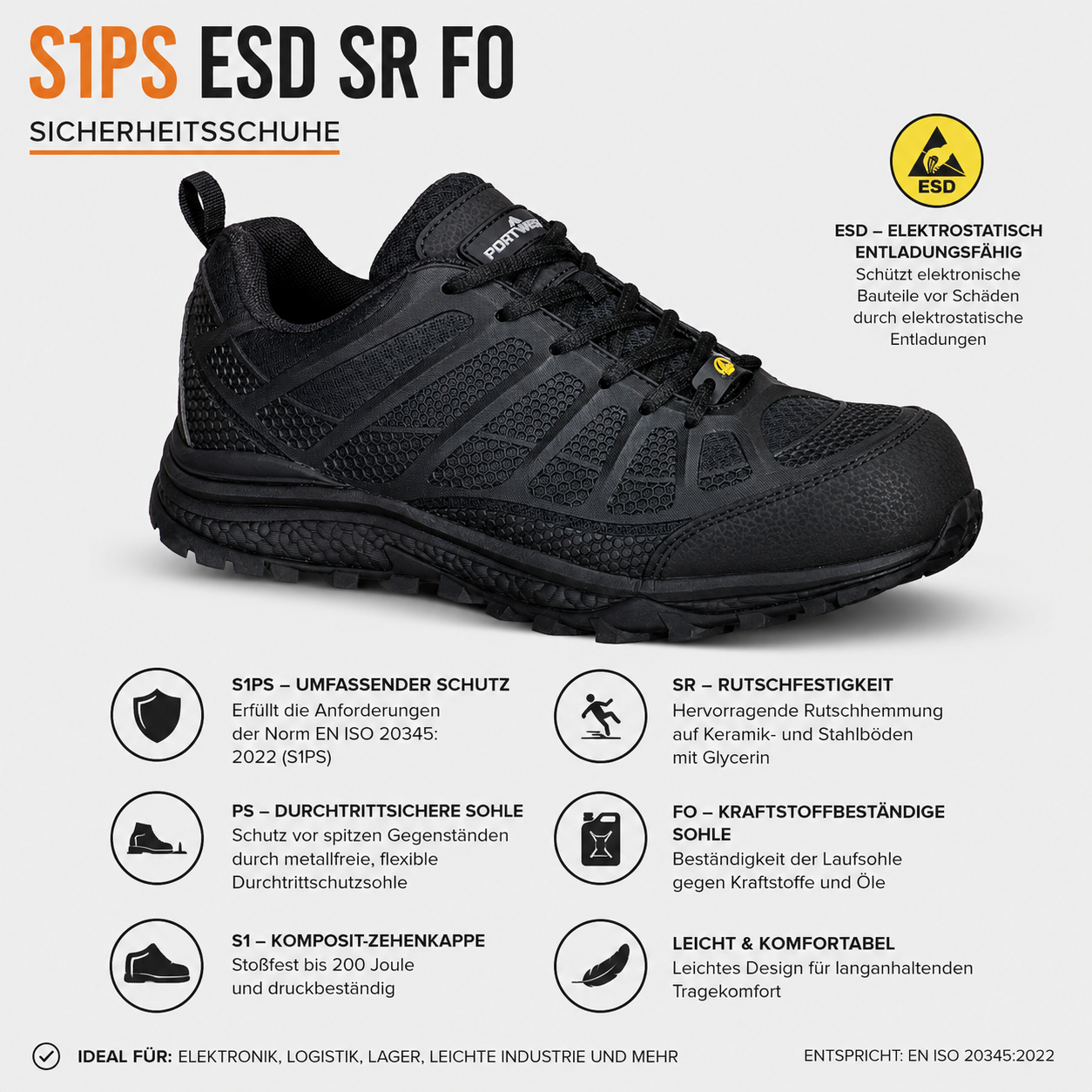 FT46 - Textilverbundstoff-Trainer S1PS ESD SR FO Schwarz