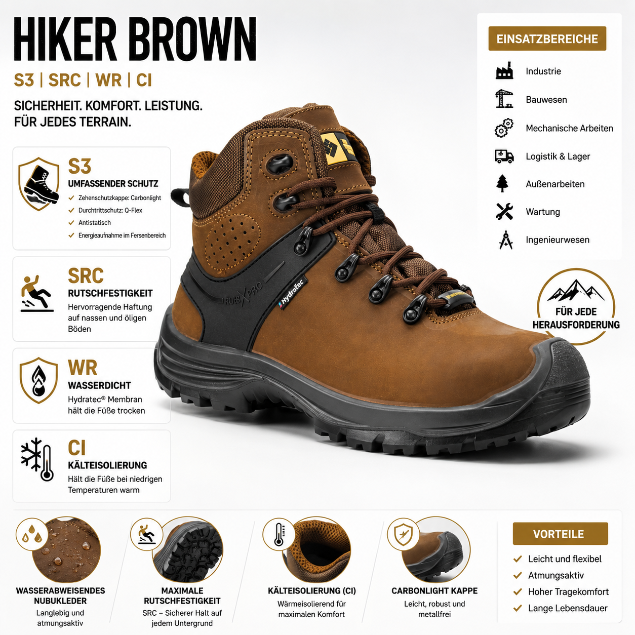 6B84.22 - Sicherheitsschuhe HIKER BROWN S3/SRC/WR/CI Braun